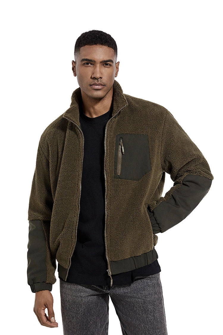 Men Sherpa Fleece Stand Collar Full Zip Jacket, Warm Winter Gift For Him, Casual Outdoor Mens Coat