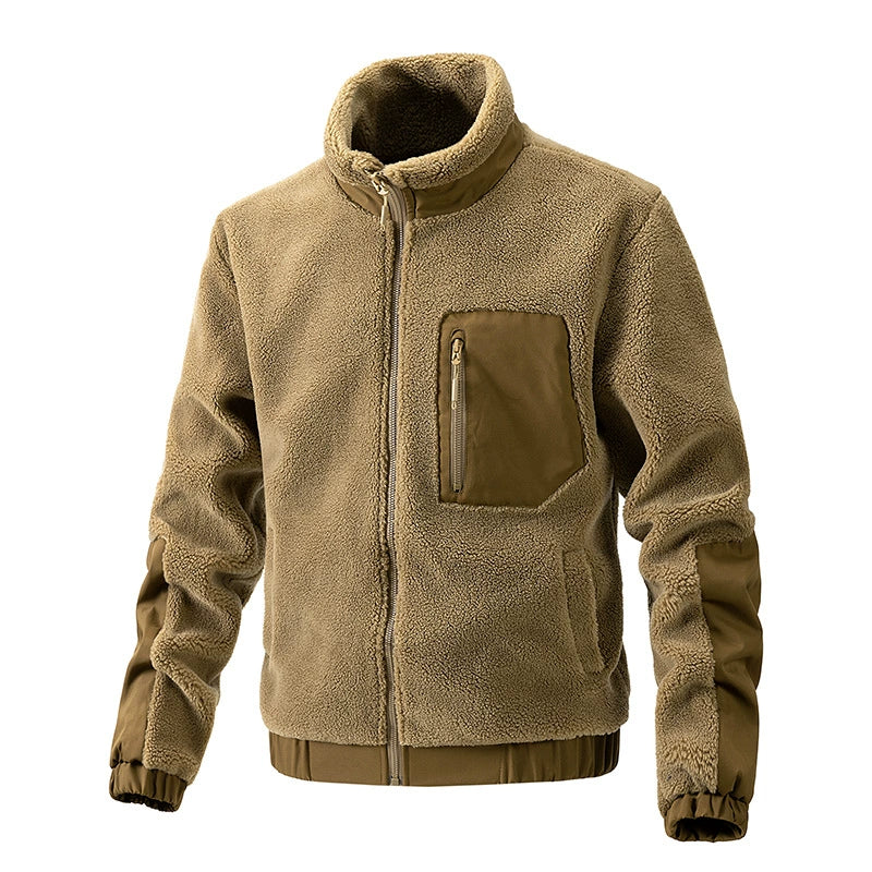 Men's Full Zip Sherpa Fleece Stand Collar Jacket, Casual Daily Winter Outerwear, Windproof Lightweight Mens Coat