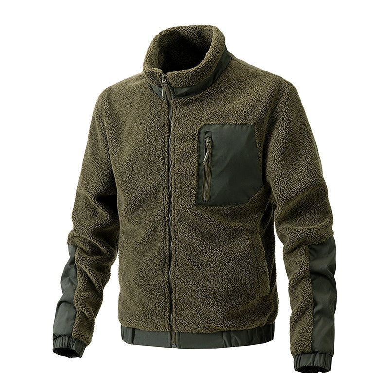 Windproof Men Sherpa Fleece Stand Collar Full Zip Jacket, Fall Winter Outdoor Casual Wind Resistant Coat（副本）