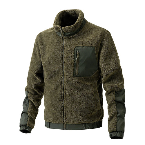 Men Light Windproof Sherpa Fleece Stand Collar Full Zip Jacket, Fall Winter Commute Casual Outdoor Coat