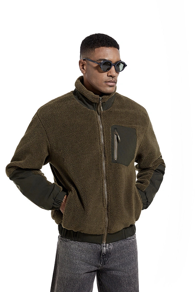 Windproof Men Sherpa Fleece Stand Collar Full Zip Jacket, Fall Winter Outdoor Casual Wind Resistant Coat（副本）