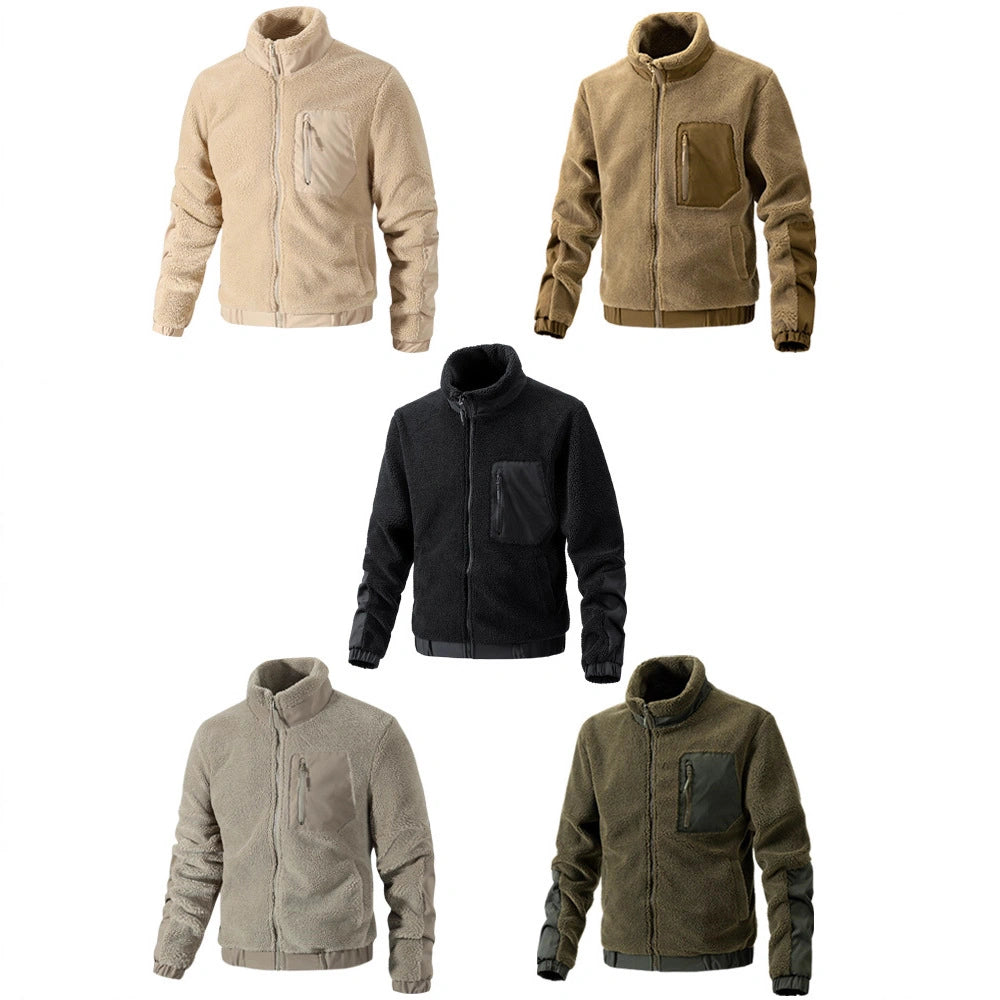 Men's Full Zip Sherpa Fleece Stand Collar Jacket, Casual Daily Winter Outerwear, Windproof Lightweight Mens Coat