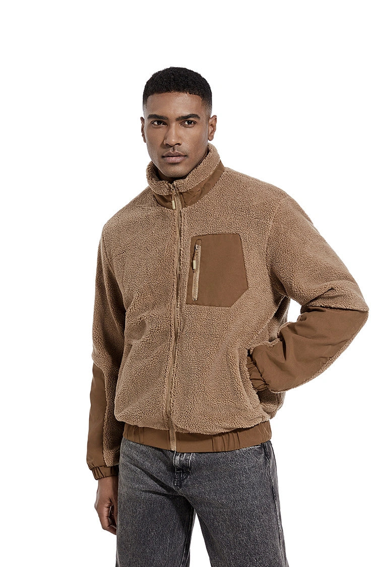Windproof Men Sherpa Fleece Stand Collar Full Zip Jacket, Fall Winter Outdoor Casual Wind Resistant Coat（副本）